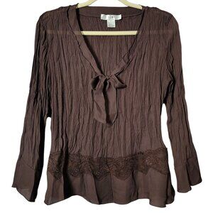 SLB Womens Chocolate Brown Y2K 2000s Crinkle Sheer Romantic Bow Tie Blouse Large